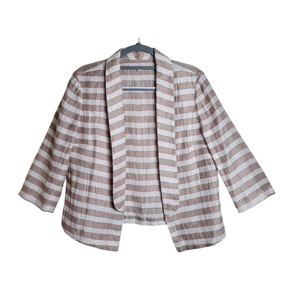 Ann Taylor LOFT Linen Blend Crinkled Striped Blazer Size 6 Tan White